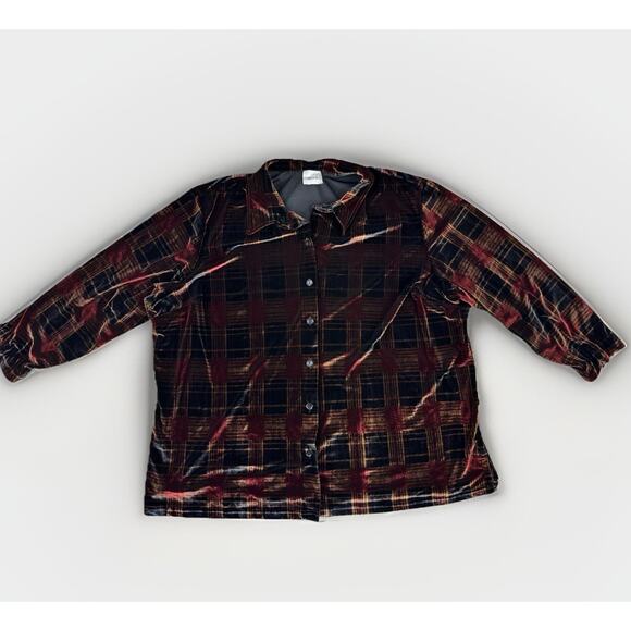 Vintage Fashion Bug Women’s Velvet Plaid Button Down Shirt 1X Brown GrannyCore - Picture 1 of 9